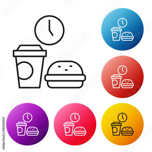 Black line Fast food time icon isolated on white background. Set icons colorful circle buttons. Vector