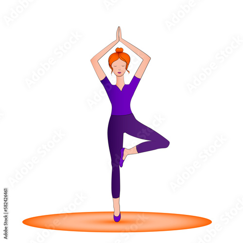 Red hair girl doing vrikshasana yoga tree posture. Slim woman in vrksana hatha yoga tree pose on the mat. Young yogi girl in well balanced posture. Slender woman vector illustration. Healthy lifestyle