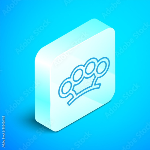 Isometric line Brass knuckles icon isolated on blue background. Silver square button. Vector