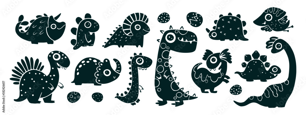 Dino baby set black linocut. A collection of cute monochrome dinosaurs in a simple childish hand-drawn style. Isolated vector characters on a white background