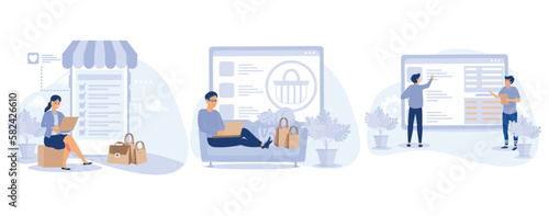 Online retailer concept, Online shopping wishlist, buy product in stock, retail store, my orders list, shopping cart, user account, set flat vector modern illustration