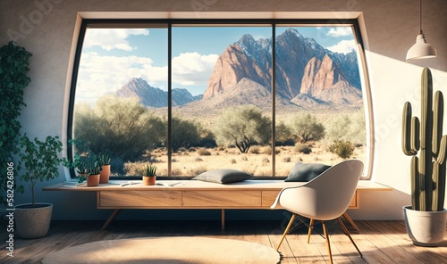  a room with a large window and a view of mountains.  generative ai