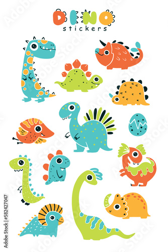 Dino baby stickers set. A collection of cute colorful dinosaurs in a simple childish hand-drawn style. Isolated vector characters on a white background. Bright limited palette. © Світлана Харчук
