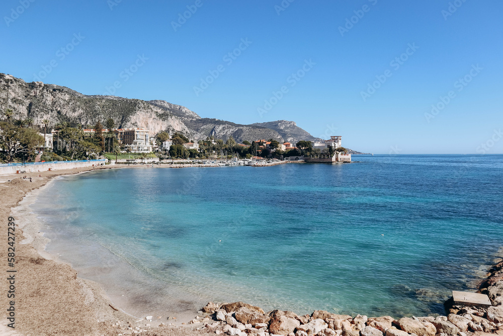 View of the beach and bay in Beaulieu-sur-mer, on the French Riviera