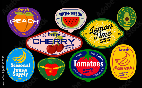 Billede på lærred Set of seasonal fruits labels and vegetables stickers and marks or badges template for packaging isolated on black background