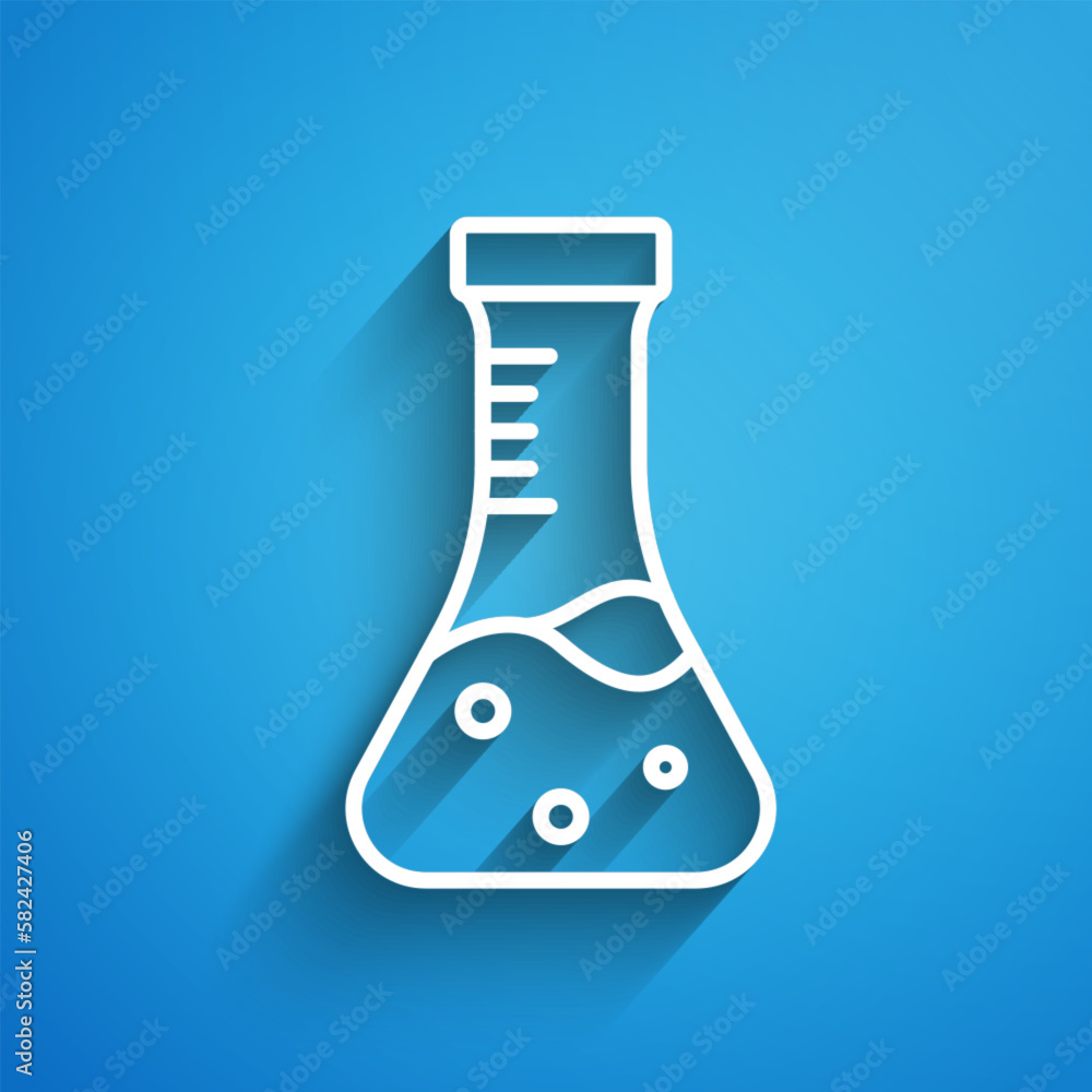 White line Test tube and flask chemical laboratory test icon isolated on blue background. Laboratory glassware sign. Long shadow. Vector White line Test tube and flask chemical laboratory test icon isolated on blue background. Laboratory glassware sign. Long shadow. Vector