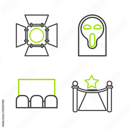 Set line Carpet with barriers and star, Funny scary ghost mask and Movie spotlight icon. Vector