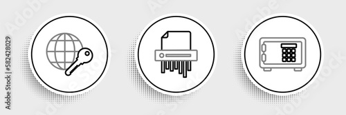 Set line Safe, Globe key and Paper shredder confidential icon. Vector