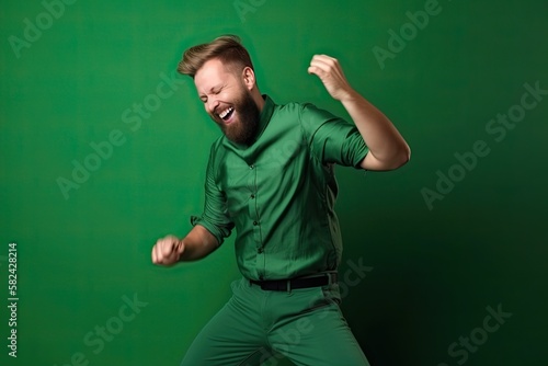 Happy Dancing Man on a Green Background at a Party (Generative AI) © JJAVA