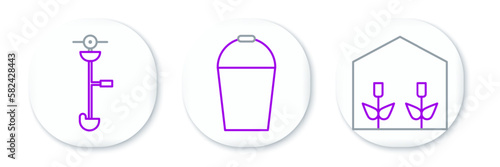 Set line Home greenhouse and plants, Grass weed electric string trimmer and Bucket icon. Vector