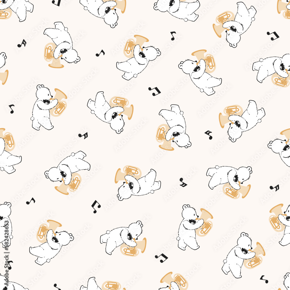 Fototapeta premium Happy Cute Bear Musician Trumpet Vector Graphic Seamless Pattern