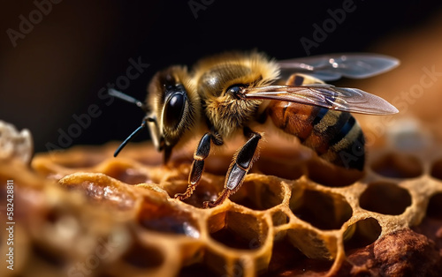 Close-up of a worker bee on the hive, with honey cells and bee's delicate wings in focus.