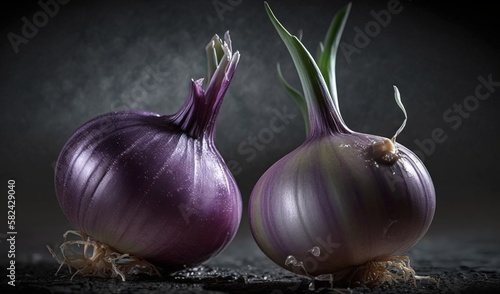  two purple onions sitting side by side on a black surface. generative ai