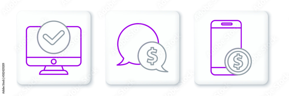 Set line Smartphone with dollar, Computer monitor and Speech bubble icon. Vector Set line Smartphone with dollar, Computer monitor and Speech bubble icon. Vector