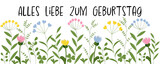 Alles Liebe zum Geburtstag, Text in deutsch. Grußkarte mit Blättern und Blumen in Pastellfarben.