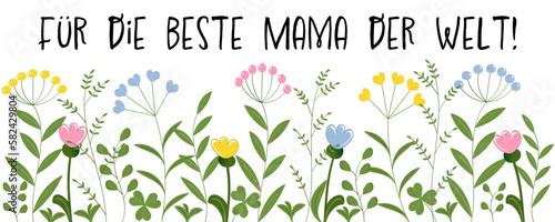 Für die beste Mama der Welt, Text in deutsch. Grüße zum Muttertag mit Blumen in Pastellfarben.