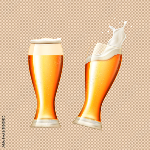 3d beer glass cup, foam splash. Realistic malt yellow drink, brewery beverages, light swirl for promotion of alcohol festival. Oktoberfest holidays. Vector design label and web banners elements