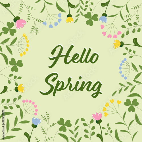 Hallo Frühling - Hello Spring. Grußkarte mit Blättern und Blumen in Pastellfarben.