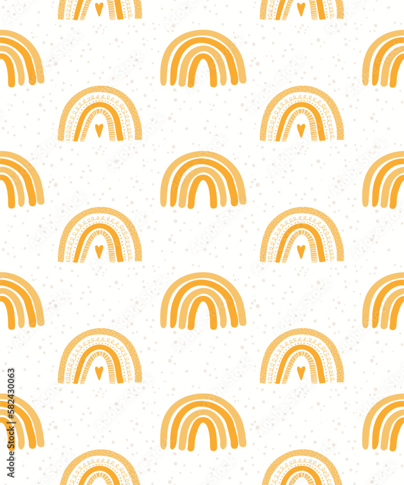 Cute rainbows, hearts, dots seamless pattern on white background. Hand drawn vector illustration. Scandinavian style flat design. Concept kids textile, fashion print, bedroom wallpaper, package. Cute rainbows, hearts, dots seamless pattern on white background. Hand drawn vector illustration. Scandinavian style flat design. Concept kids textile, fashion print, bedroom wallpaper, package.