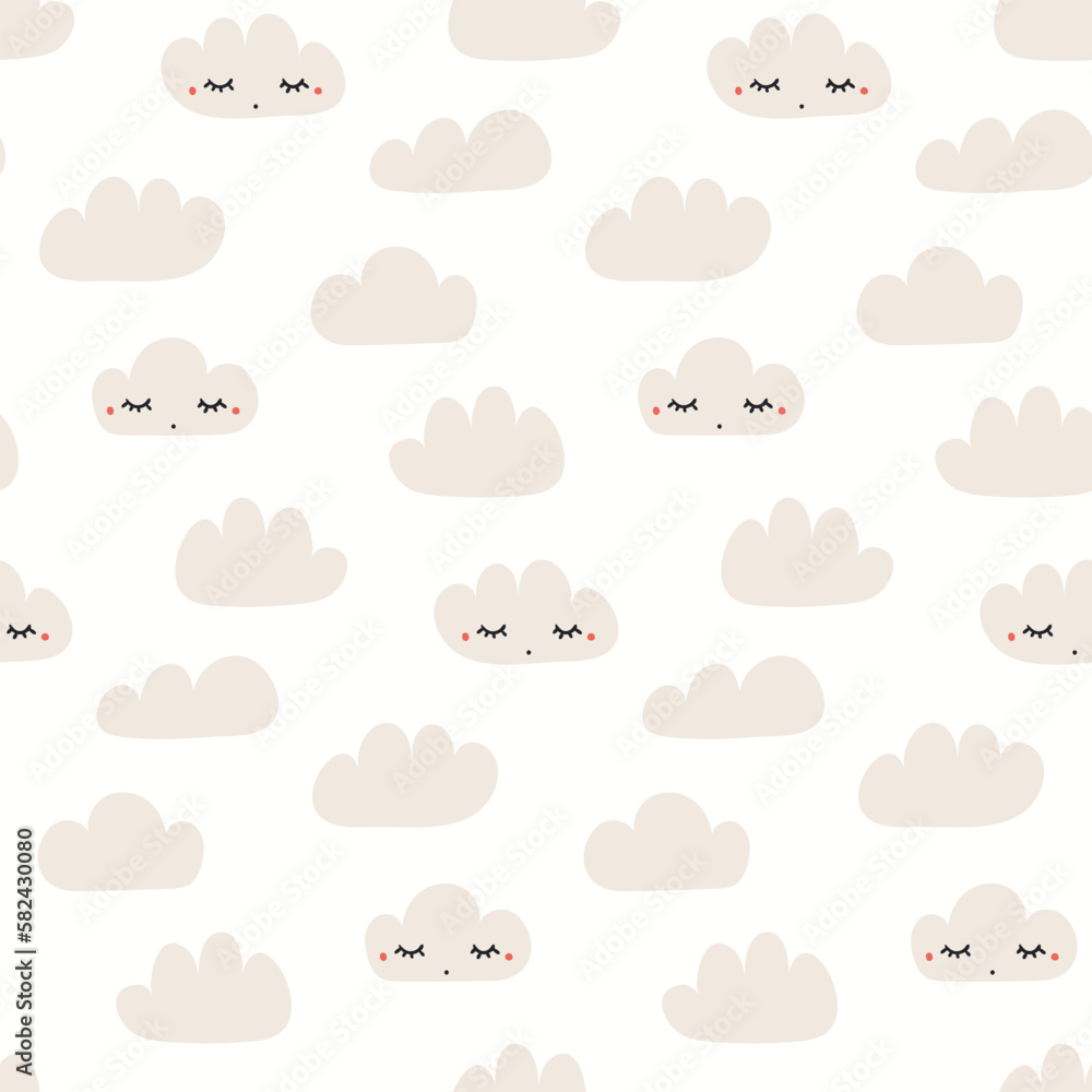 Clouds with cute faces seamless pattern on white background. Hand drawn vector illustration. Scandinavian style flat design. Concept kids textile, fashion print, bedroom wallpaper, package.