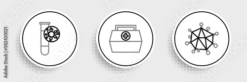 Set line Virus, Test tube with virus and First aid kit icon. Vector