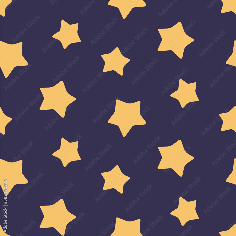 Obraz premium Big yellow stars, starry sky seamless pattern on blue background. Hand drawn vector illustration. Scandinavian style flat design. Concept kids textile, fashion print, bedroom wallpaper, package.