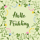 Hallo Frühling, Text in deutsch. Floraler Rahmen aus Blättern und Blüten in Pastellfarben.