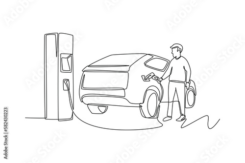Single one-line drawing young man filling the car gas in the gas station. Gas station concept continuous line draw design graphic vector illustration