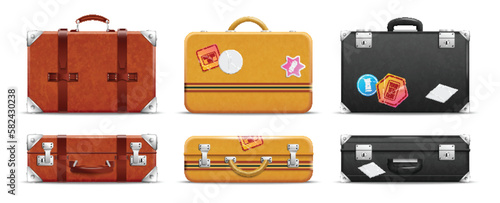 Realistic Vintage Travel Bag Icon Set