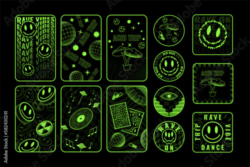 Trippy smiles, psychedelic y2k stickers. Acid 90s melt graphic, toxic funny cool faces, happy rave symbols. Modern futuristic design. Green neon objects isolated, vector design badge