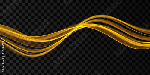 Golden abstract wave. Magic line design. Flow curve motion element. Neon gradient wavy illiustration.