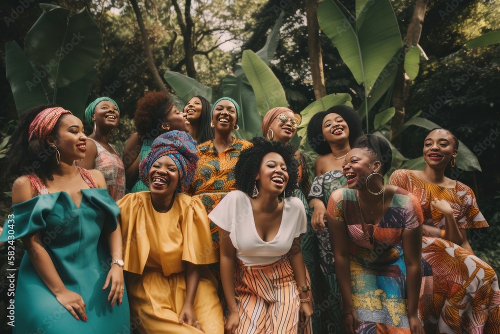 Sisters in the Park: Diverse African Women Celebrate Beauty and Friendship Outdoors. Generative AI.