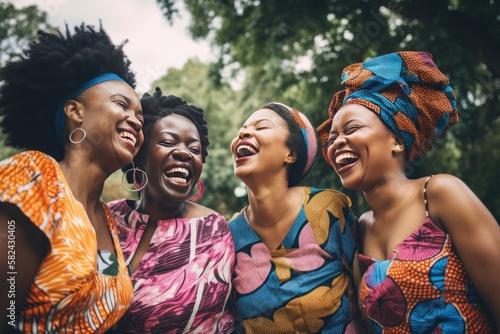 Sisters in the Park: Diverse African Women Celebrate Beauty and Friendship Outdoors. Generative AI. © bomoge.pl