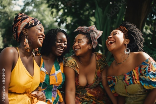 Sisters in the Park: Diverse African Women Celebrate Beauty and Friendship Outdoors. Generative AI.
