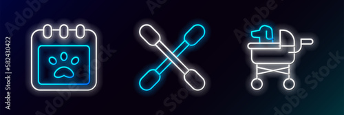 Set line Pet stroller, Calendar grooming and Cotton swab for ears icon. Glowing neon. Vector