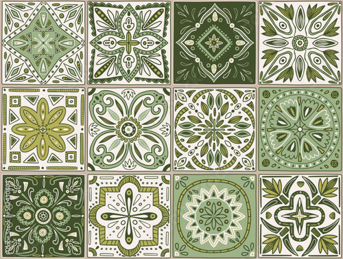 Italian ceramic tile, portuguese green pattern. Mediterranean mexican mosaic, moroccan ornament texture, hand drawn border. Decor textile, wrapping paper. Vector geometry illustration