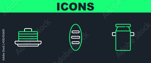 Set line Can container for milk, Stack of pancakes and Bread loaf icon. Vector