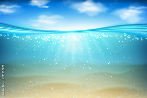 Dark water texture, aquarium underwater. Ocean sea lights and darkness, clean swimming pond and sand, blue sky with clouds. Summer undersea. Pure liquid. Vector realistic background