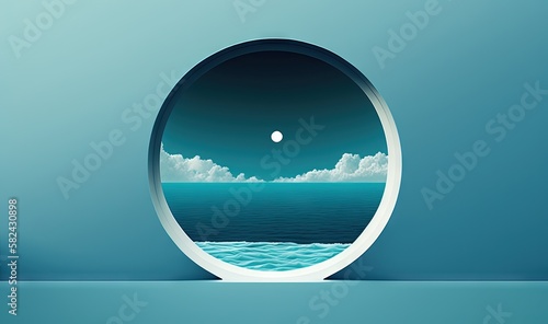  a round window with a view of the ocean and a moon. generative ai