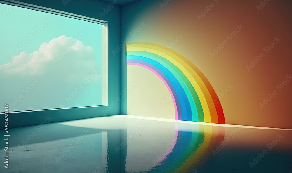a room with a rainbow painted on the wall and a window. generative ai a room with a rainbow painted on the wall and a window. generative ai