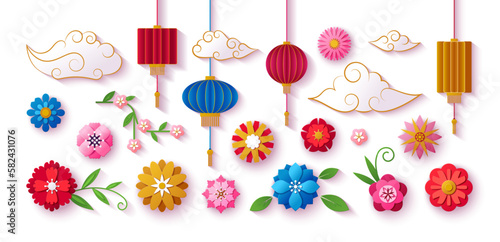 3d chinese cut paper, origami flowers. Bloom asian modern papercut decor collection, china or japanese spring lanterns, white oriental clouds. Isolated elements. Vector logo design