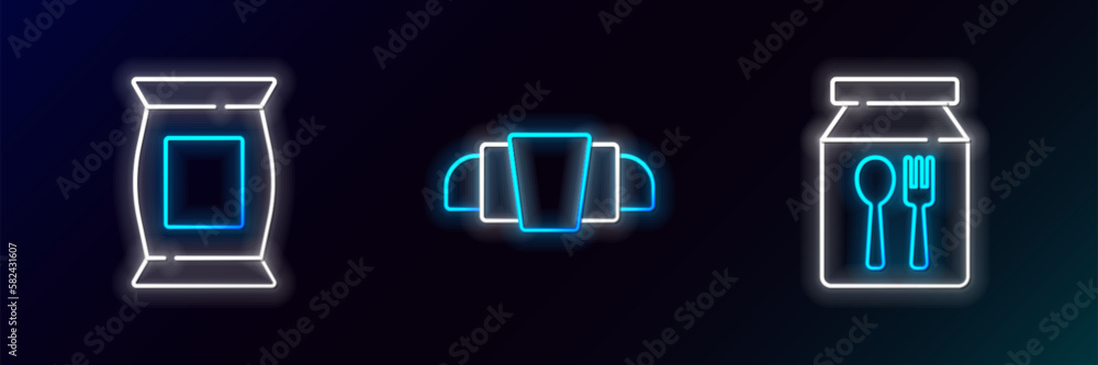 Fototapeta premium Set line Online ordering and delivery, Bag packet potato chips and Croissant icon. Glowing neon. Vector