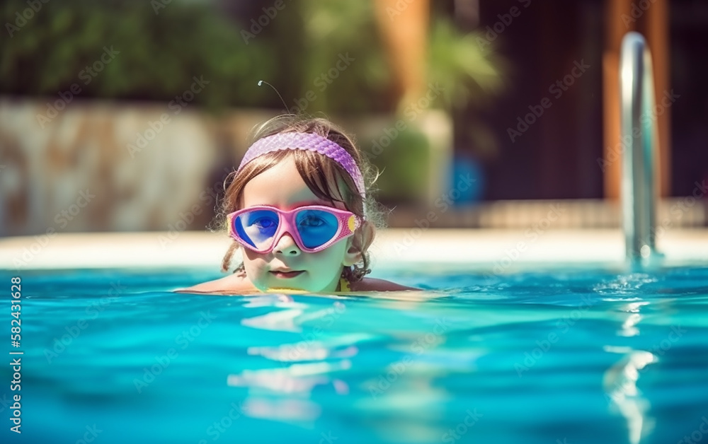 Young girl with heart-shaped sunglasses swimming towards the edge of a pool.