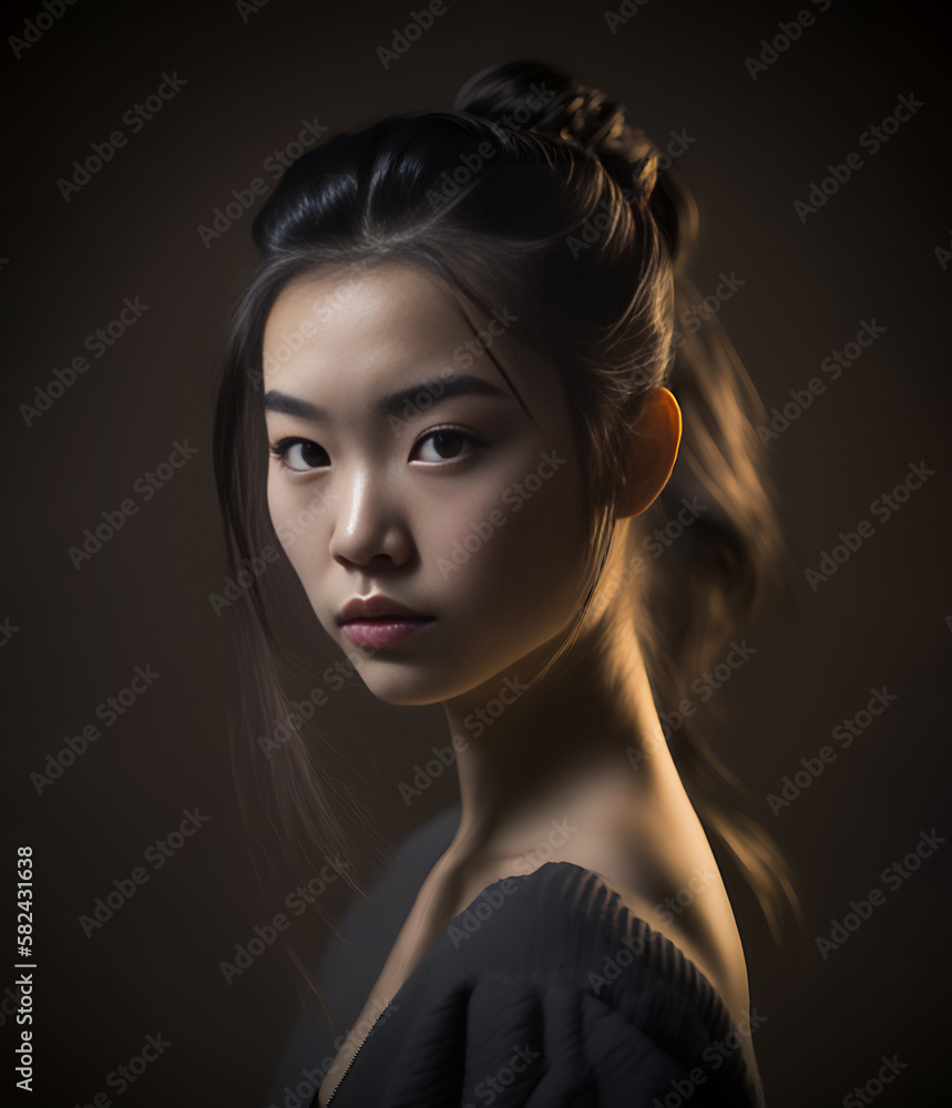 Fototapeta premium Teenager Asian Girl Face in General Public Place. She is Beautiful Girl was created by using generative AI tools.