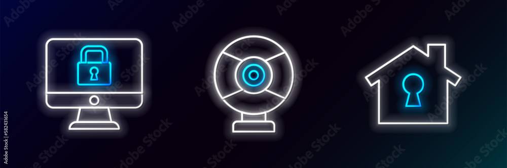 Set line House under protection, Lock monitor and Security camera icon. Glowing neon. Vector Set line House under protection, Lock monitor and Security camera icon. Glowing neon. Vector