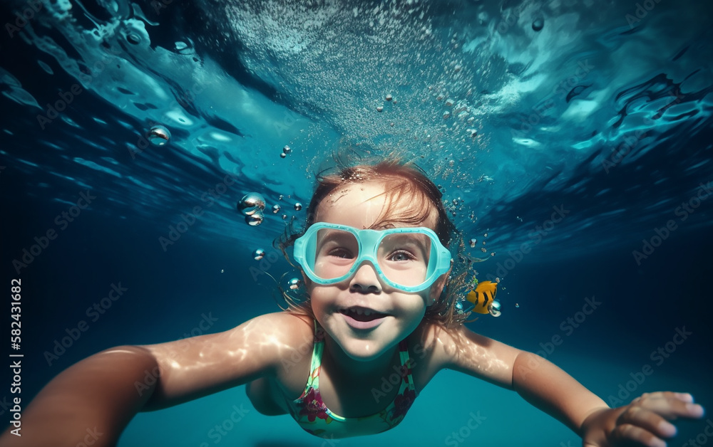 Fototapeta premium Young girl swimming underwater with goggles, capturing the joy and adventure of childhood summers.