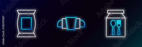 Set line Online ordering and delivery, Bag packet potato chips and Croissant icon. Glowing neon. Vector