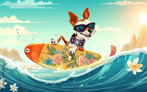 Cartoon of a stylish dog with sunglasses surfing on a floral board in a vibrant ocean wave scene. © Liana