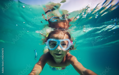 Child with goggles diving joyfully, a snapshot capturing the essence of underwater play and exploration.
