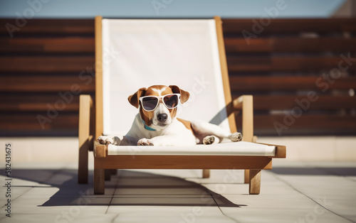 Jack Russell Terrier with sunglasses on sunbed, epitomizing relaxation and cool vibes on a sunny patio. © Liana